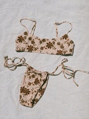 Juillet Floral Print Tie-Side Bikini Set - Cream & Brown Size Xs